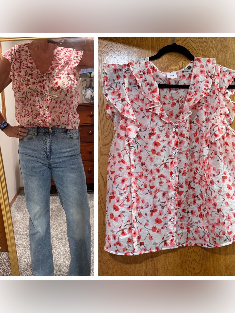 CAbi Coral Floral Ruffle Button-Front Blouse